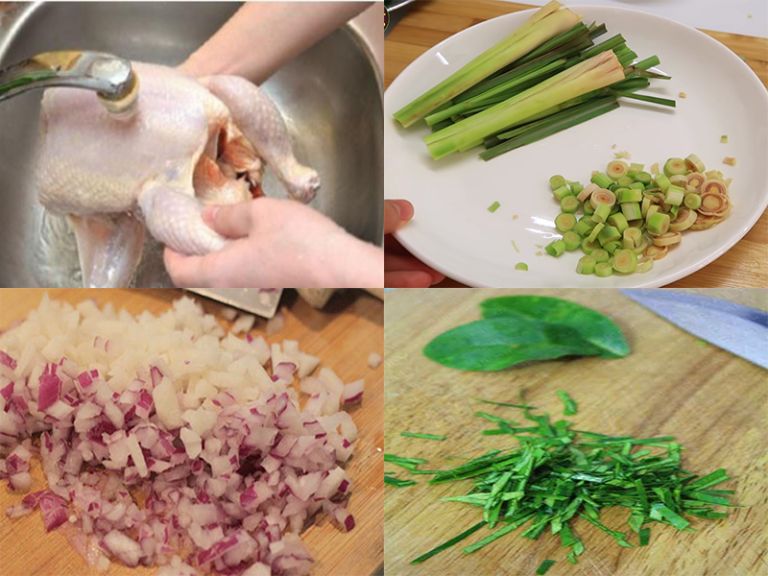 Các nguyên liệu cần được sơ chế thật sạch để đảm bảo vệ sinh và loại bỏ hết mùi hôi của gà