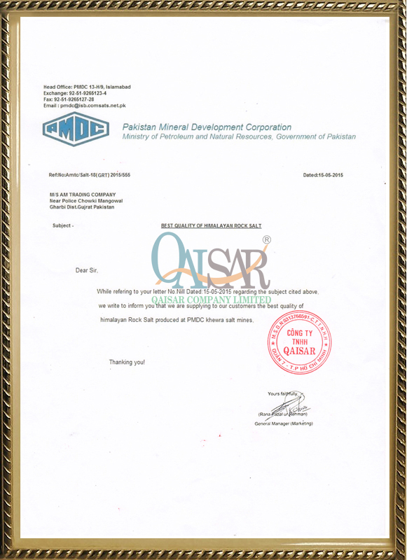 giấy chứng nhận chất lượng từ Pakistan